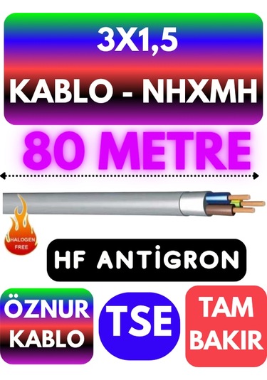 Öznur 3x1,5 Nhxmh Alev İletmez Kablo Metre Seçenekli Gri - 80 Metre