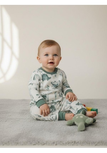 Zekids Erkek Bebek Pamuklu Dinazor Desenli Pijama Takımı-16268 Yeşil