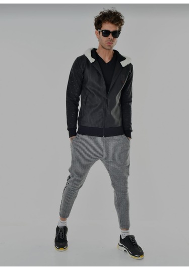 Eliesar Elite Slim Fit Kesim Kapüşonlu Mont Gri - Siyah