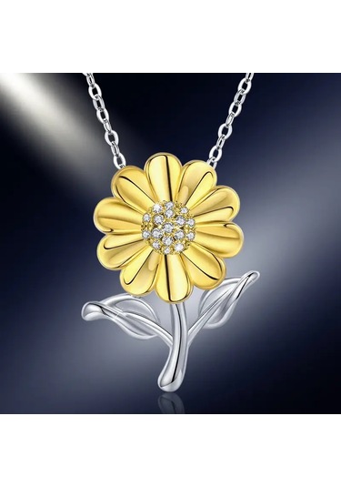Güneş Çiçeği Büyük Sarı Çiçek Ve Açık Renkli Kolye 925 Ayar Gümüş Zincir Çok Renkli
