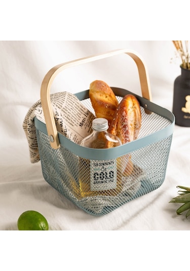 Sones Kare Ahşap Saplı Örgü Sepet Atıştırmalık Meyve Saklama Sepeti Gri