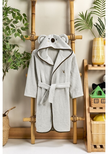 Kapşonlu Çocuk Bornoz %100 Pamuk Erkek Bornozu Koala Gri