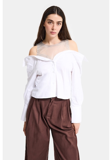 Itsbasic Kadın Beyaz Oversize Tül Dantelli Özel Tasarım Gömlek