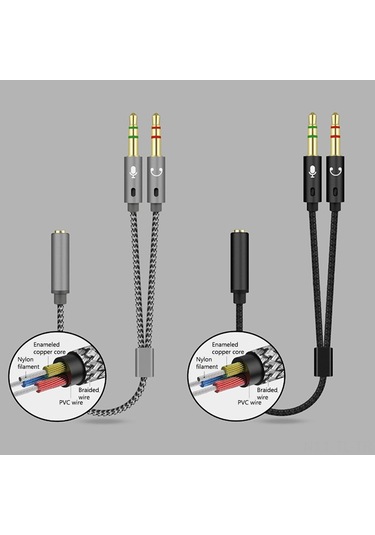 Hombey 25cm Gümüş Nylon Dokuma Ses Kablosu - İki 3.5mm Erkekden Tek 3.5mm Dişeye Çevirici