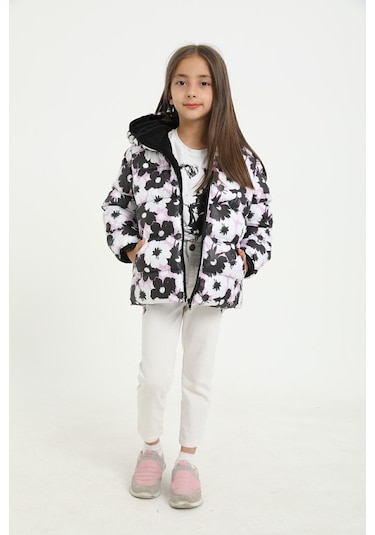 Freemen Kız Çocuk Beyaz Mor Çiçek Desen Polar Su Ve Rüzgar Geçirmez Kapüşonlu Şişme Kışlık Mont Beyaz