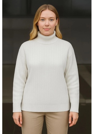 Balıkcı Yaka Bağazlı Triko Kazak Pamuklu Kalın Fitilli Dokuma - Beyaz Beyaz