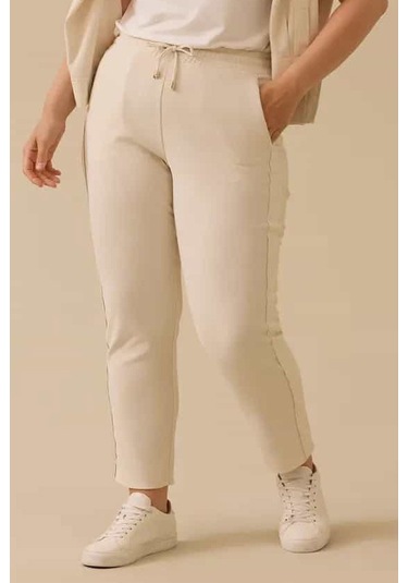 Kadın Büyük Beden Fitilli Bilek Boy Pantolon - Bej 4358892