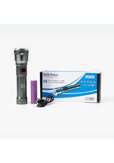 Gold Police GP-216 Şarjlı El Feneri Güçlü TG LED 2000 Lümen Gri