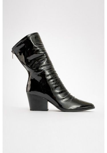 Luvishoes Luvi Shoes Laval Siyah Rugan Arkadan Fermuarlı Kadın Kalın Topuklu Bot Siyah Rugan