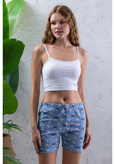 Giysa Kadın Beli Lastikli Desenli Şort Pijama Altı Mavi - 2027 Mavi