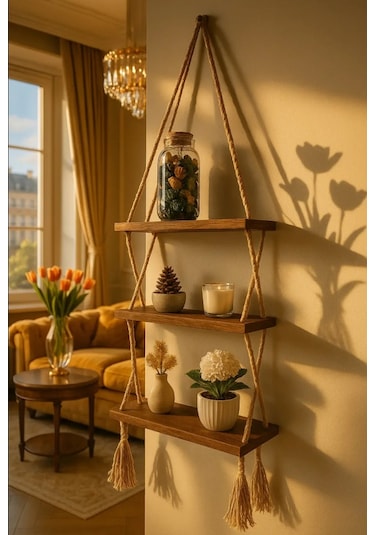 3 Katlı Dekoratif Ahşap Halatlı Duvar Rafı Kitaplık & Çiçeklik Uçan Raf 34cmx13cmx90cm Kahverengi