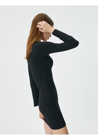 Koton Uzun Kollu Elbise Mini Yuvarlak Yaka Fitilli Siyah 4wak80400ek Siyah