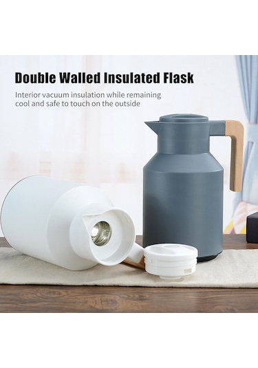 Xiyyadms 1l Çift Cidarlı Termos Sürahi - Sıcak Ve Soğuk Tutar, Ahşap Kulplu, Kahve Ve Çay İçin Yeşil