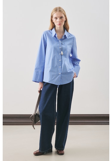 Oversıze Çizgili Gömlek Mavi Çizgi Mavi Çizgi