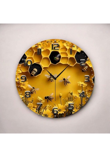 Kabartma Görünümlü Renkli Baskı Arı Desenli Sayılı Hediyelik Ahşap Sessiz Duvar Saati 50cm ÇOk Renkli