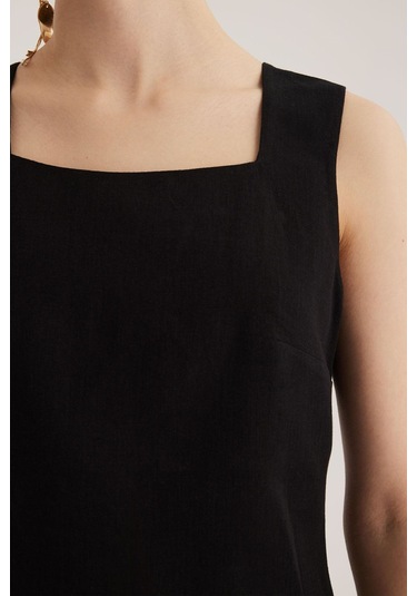 Stella Pulvis Siyah Keten Karışımlı Kare Yaka Kolsuz Mini Elbise