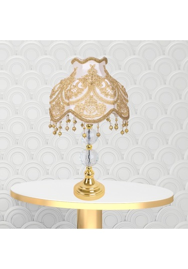 Ekru Kadife Fransız Dantel Kaplama Gold Kristal Ayak Klasik Abaju Diğer