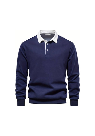 Ghassy Co. Erkek Retro Renk Bloklu Pamuklu Gömlek Yaka Sweatshirt Lacıvert