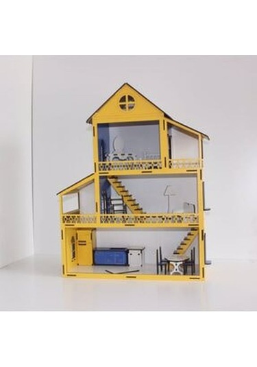 Ahşap Oyun Evi 60Cm 14 Eşya Sarı-Lacivert