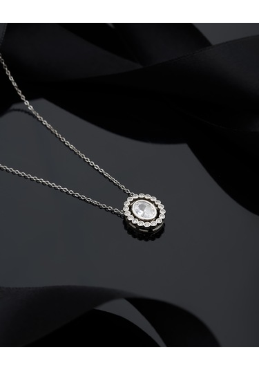 925 Ayar Rodyum Zirkon Taşlı Oval Anturaj Hareketli Ayarlanabilir Gümüş Kolye Rzn10321 Gümüş