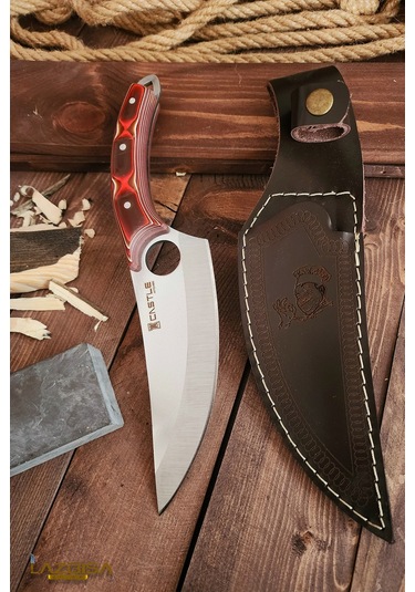 Outdoor Piknik Kamp Bıçağı Çakısı Kılıflı El Yapımı Verzalit Sap Kahverengi