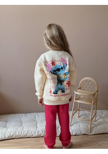 Kız Çocuk Stitch 3 İplik Şardonlu Takım Ekru