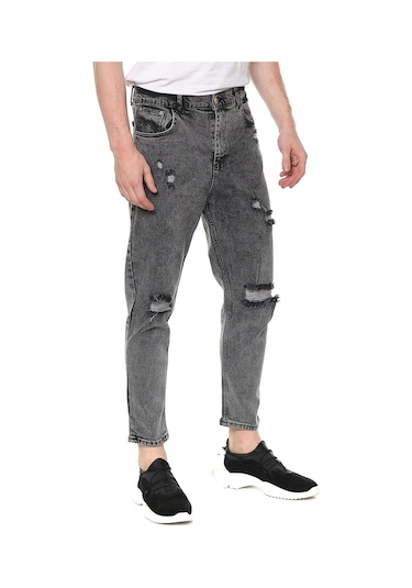 Bol Kesim Yırtıklı Erkek Kot Pantolon Siyah