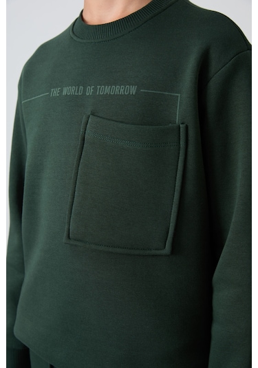 Çam Yeşil Pamuklu Kalın İçi Tüylü Yumuşak Dokulu Standart Fit Baskılı Erkek Çocuk Eşofman Takım - 1 Yeşil