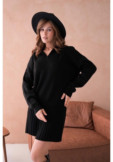 Kadın Polo Yaka Düşük Kol Kazak Kısa Etek İkili Triko Takım Siyah