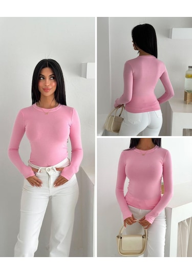 Elaxi Kadın Bisiklet Yaka Uzun Kol Parmak Geçmeli Buzy Bady Pembe