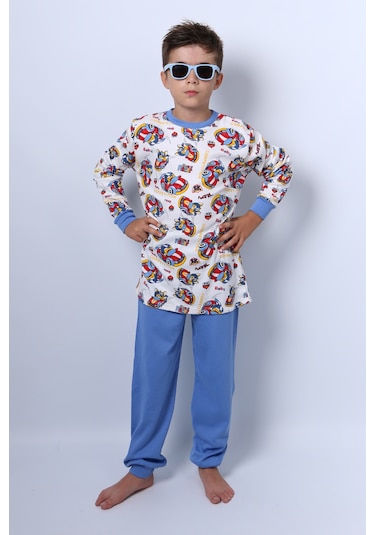 Hçm Erkek Çocuk Pijama Takımı Baskılı Ribanalı C69 Açık Mavi