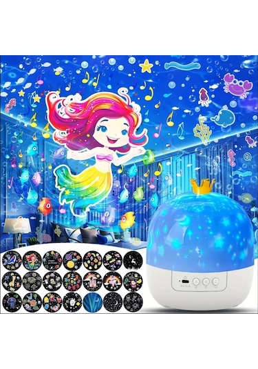 21 Farklı Desen Projektörlü Yansıtmalı Dönen Çocuk Bebek Odası Gece Lambası Çok Renkli