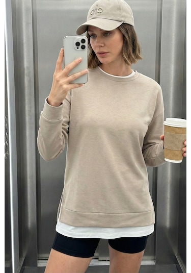 Lela Streç Oversize Fit Bisiklet Yaka Modal Kumaş Bayan Sweat 5865877 Taş