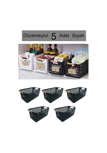5 Adet Siyah Çok Amaçlı Plastik Tutacaklı Organizer Sepet Siyah