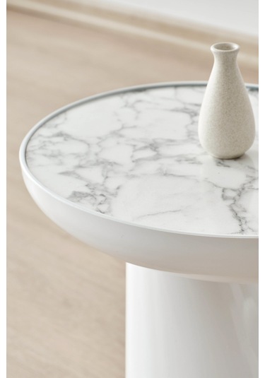 Elips Sehpa,tekli Sehpa,yan Sehpa,zigon Sehpa - Beyaz & Beyaz Mermer Desenli Beyaz Gövde & Beyaz Mermer Desenli Tabla