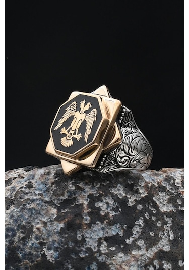 Doğal Oniks Taşlı Tesbih Ve 925 Ayar Gümüş Yüzük Selçuklu Kartalı Mineli 902065 Gümüş