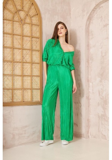 Kadın Pliseli Beli Lastikli Pantolon Tunik Gömlek Ikili Bürümcük Salaş Takım 3573300 Yeşil