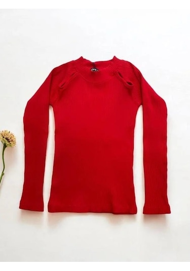 Kız Çocuk Yarım Balıkçı Yaka Detaylı Fitilli Bluz-14344 Kırmızı
