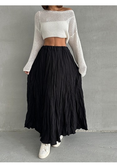 Kadın Buruşuk Modal Dokulu Soft Uzun Etek Siyah
