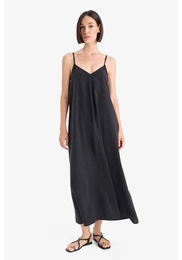 Defacto V Yaka Modal Askılı Midi Elbise F6466ax25smbk81 Siyah
