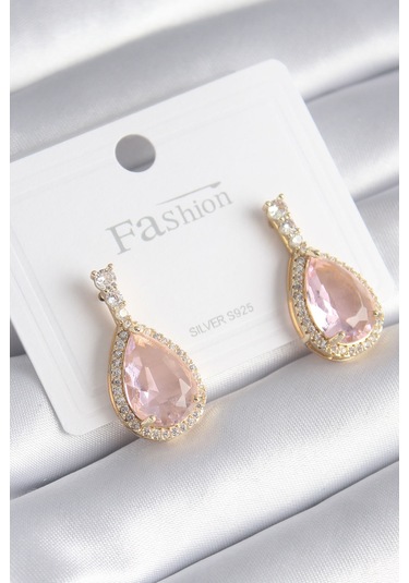 Ezoconcept Pirinç Gold Renk Zirkon Taş Detay Damla Pembe Zirkon Taş Model Kadın Küpe