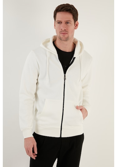 Buratti Regular Fit Kapüşonlu Fermuarlı Içi Tüylü Yumuşak Şardonlu Kışlık Erkek Sweat 5905340 Ekru