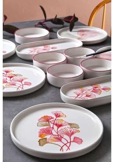 Kitchen Life 14 Parça 6 Kişilik Ginkgo Stackable Kahvaltı Takımı - Kahvaltılık Ekru Pembe Fuşya