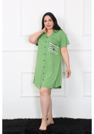 Akbeniz Büyük Beden Penye Düğmeli Yeşil Tunik Gecelik 1025-yeşil Yeşil