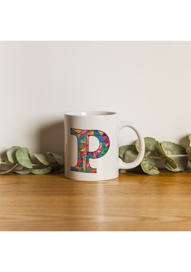 P Harfi Bardak 330 Ml İsme/harfe Özel Hediye, Renkli Harf Tasarım Beyaz