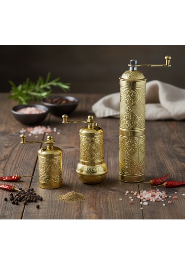 Ludıa Zamak Metal Altın Renk 3 Lü Set Karabiber,kahve,çörek Otu El Değirmeni Öğütücü Grinder S2 Altın