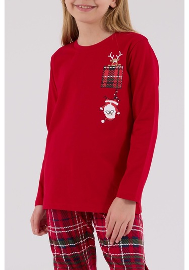 Arnetta Kız Çocuk Aile %100 Pamuklu 4 Mesim New Year Uzun Kollu Pijama Takım Kırmızı