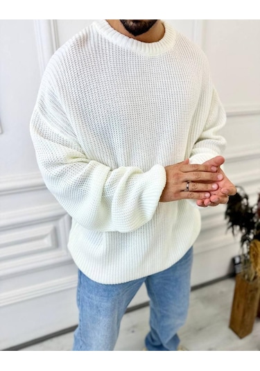 Kazak Oversize Çift Kat Örme Naturel Pamuk Bol Kesim Tüylenmeyen Salaş Triko Kazak Beyaz