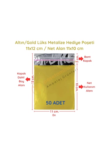 11x12 Cm Altın Renk Bantlı Lüks Metalize Hediyelik Poşet 50 Adet