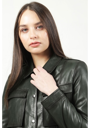 Dericlub Yb-Vgn1 Crop Fit Gerçek Deri Kadın Mont Yeşil